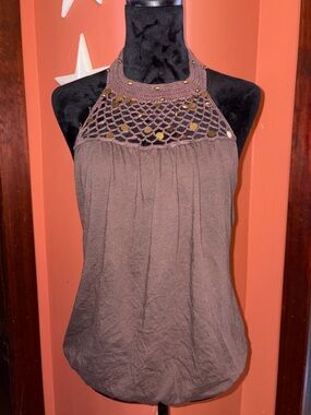 Decree-Y2K Crochet Yoke Halter Tank Top - Brown